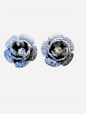 Betsey Johnson Sparkling Black & Silver Rose Stud Earrings w/Crystal Centers